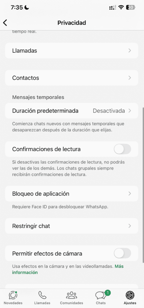 Confirmes de lectura Whatsapp Configuración de privacidad de Whatsapp en un iPhone