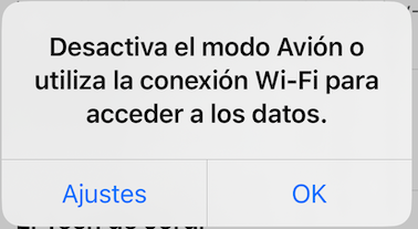 Notificación iPhone que aviso que tienes el modo avión activo y no tienes datos