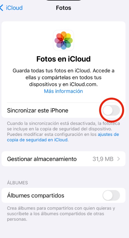 Opción sincronizar este iphone con fotos de icloud