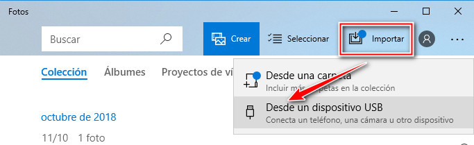 Aplicación fotos de windows, señalando la opción para importar fotos desde un dispositivo USB
